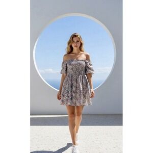 BP. Floral Smocked Off Shoulder Puff Sleeve pink/brown boho Mini Dress Size M